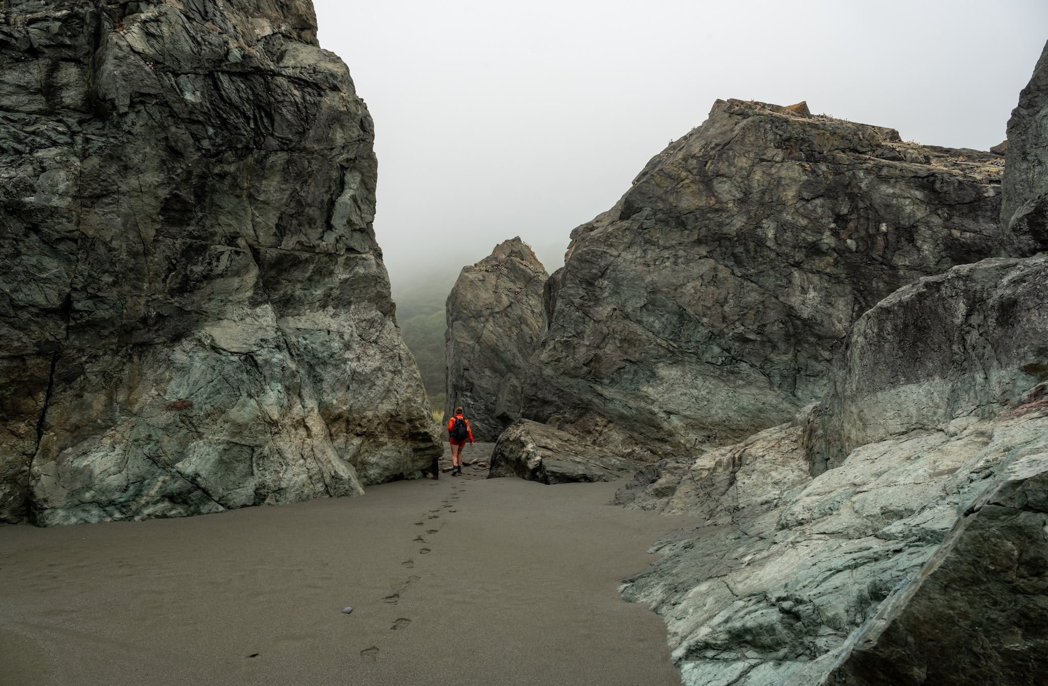 recruitment-event-2026-attendees-decorative-2 Person walking through sand and big rocks